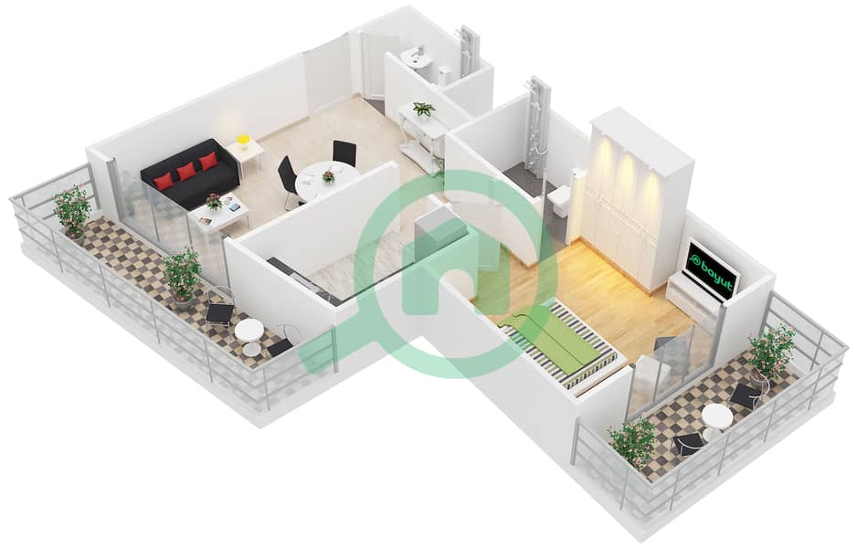 Элит Спортс Резиденс 6 - Апартамент 1 Спальня планировка Тип/мера C /2 interactive3D