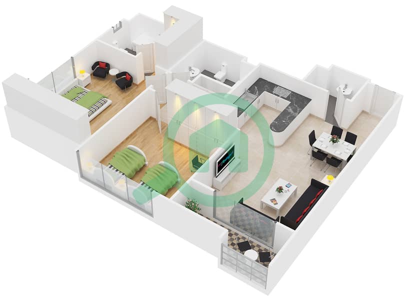 المخططات الطابقية لتصميم النموذج B شقة 2 غرفة نوم - برج حمزة interactive3D
