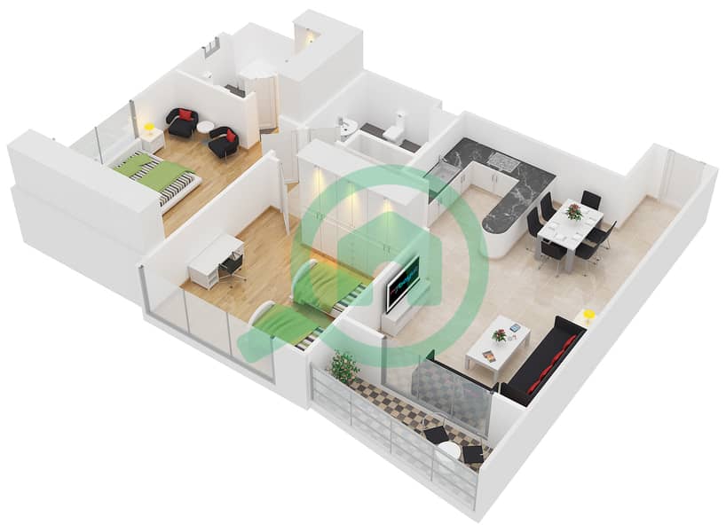 المخططات الطابقية لتصميم النموذج A شقة 2 غرفة نوم - برج حمزة interactive3D
