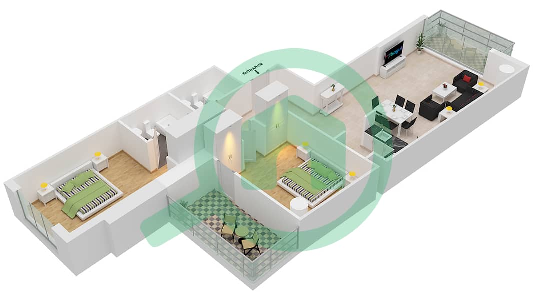 爱康城 - 2 卧室公寓单位8 FLOOR 38-62戶型图 interactive3D