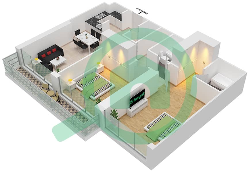 المخططات الطابقية لتصميم الوحدة 9  FLOOR 38-62 شقة 2 غرفة نوم - آيكون سيتي interactive3D