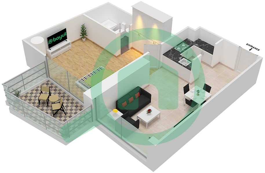 爱康城 - 1 卧室公寓单位11  FLOOR 12-35戶型图 interactive3D