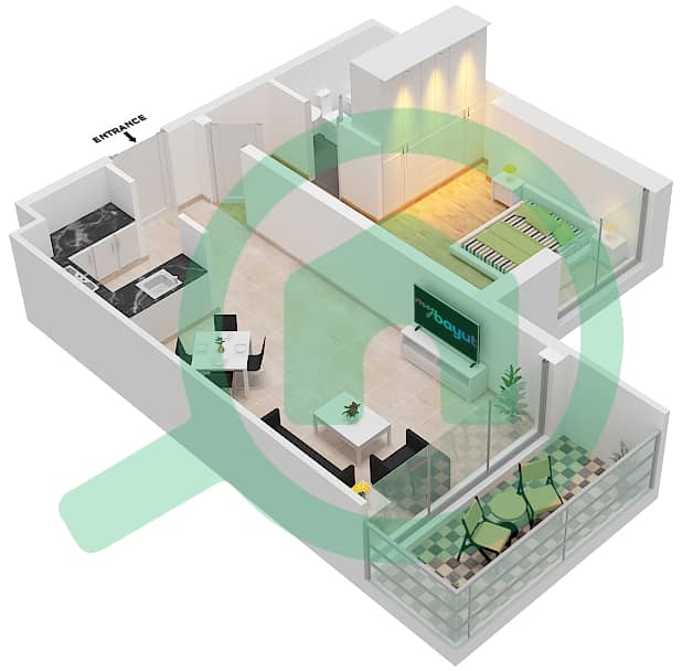 爱康城 - 1 卧室公寓单位15  FLOOR 38-62戶型图 interactive3D