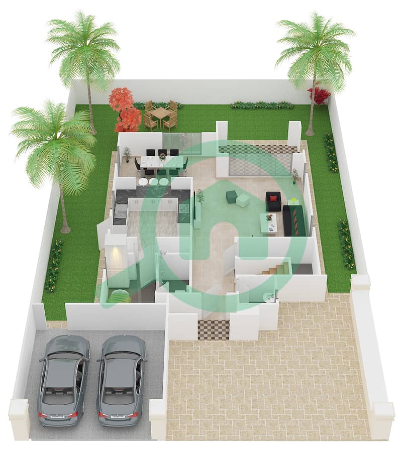 المخططات الطابقية لتصميم النموذج 2 فیلا 4 غرف نوم - امارانتا Ground Floor interactive3D