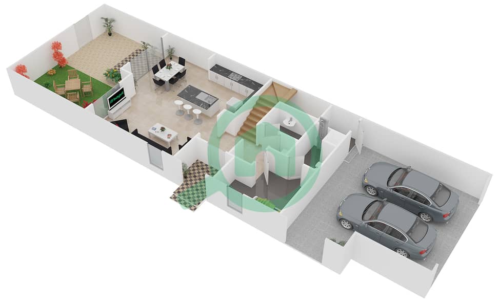 المخططات الطابقية لتصميم الوحدة B تاون هاوس 3 غرف نوم - امارانتا Ground Floor interactive3D