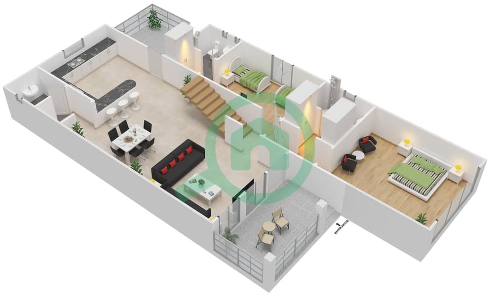 المخططات الطابقية لتصميم النموذج A فیلا 3 غرف نوم - فلل ذا كوينز Ground Floor interactive3D
