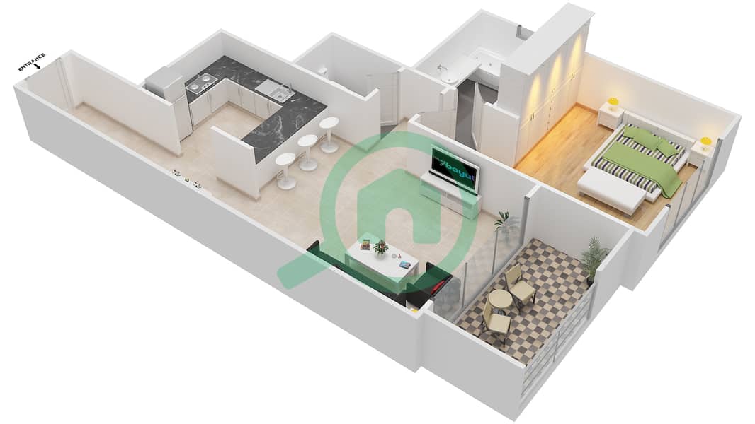 المخططات الطابقية لتصميم النموذج A شقة 1 غرفة نوم - طراز البحر المتوسط interactive3D