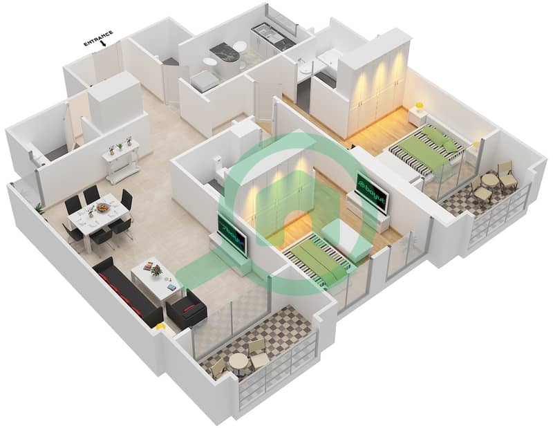 المخططات الطابقية لتصميم النموذج B شقة 2 غرفة نوم - طراز البحر المتوسط interactive3D