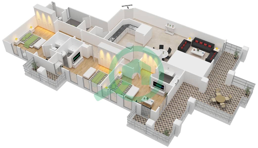 المخططات الطابقية لتصميم النموذج C شقة 3 غرف نوم - طراز البحر المتوسط interactive3D