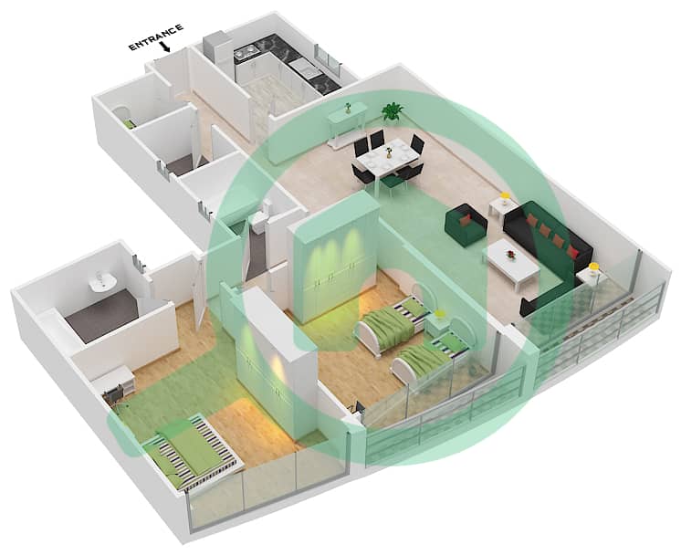 المخططات الطابقية لتصميم الوحدة 2A شقة 2 غرفة نوم - برج صحارى 3 interactive3D