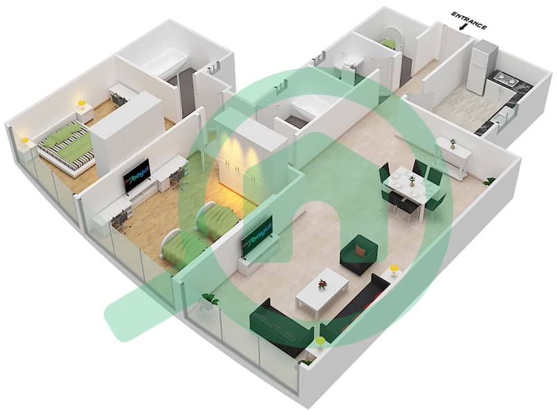 Sahara Tower 3 - 2 Bedroom Apartment Unit 2B Floor plan interactive3D