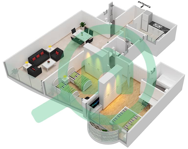 Sahara Tower 3 - 2 Bedroom Apartment Unit 3B Floor plan interactive3D