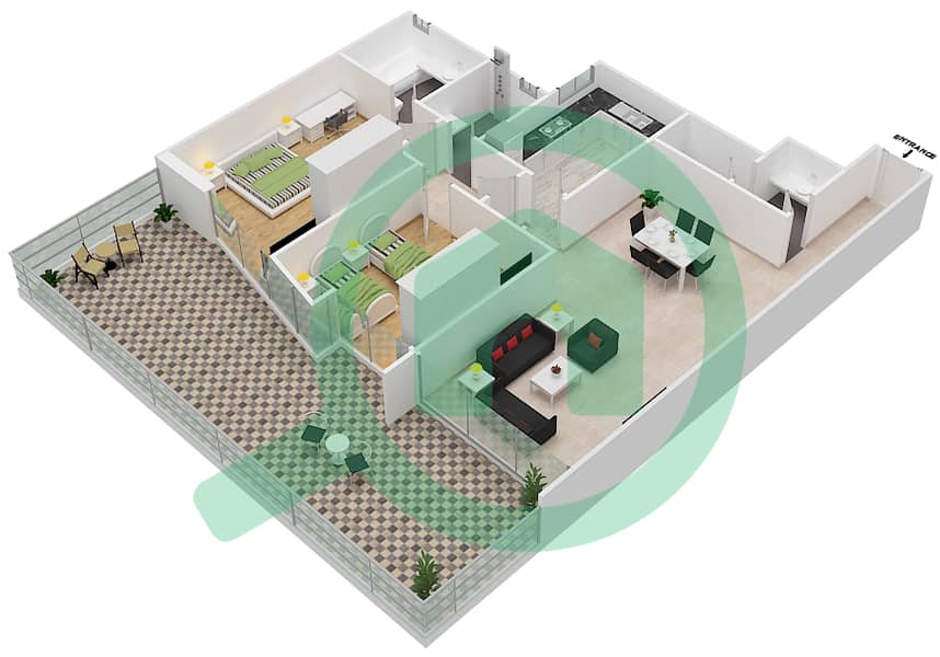 المخططات الطابقية لتصميم الوحدة 6 شقة 2 غرفة نوم - برج صحارى 3 interactive3D