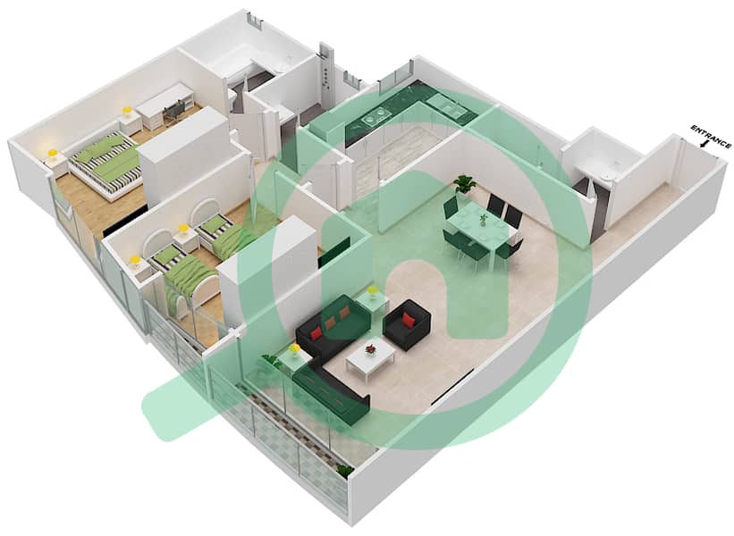 撒哈拉3号大厦 - 2 卧室公寓单位6A戶型图 interactive3D