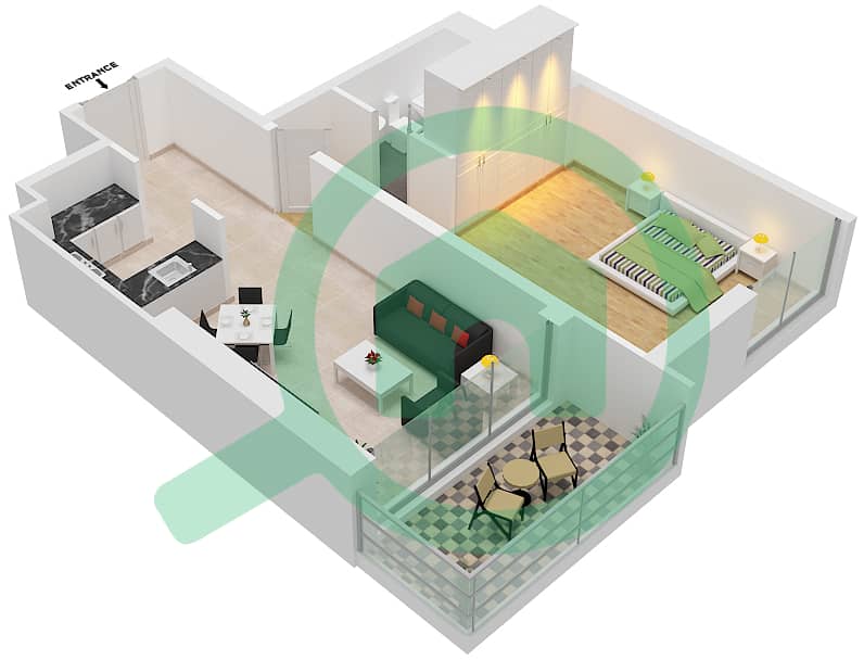 爱康城 - 1 卧室公寓单位17  FLOOR 38-62戶型图 interactive3D