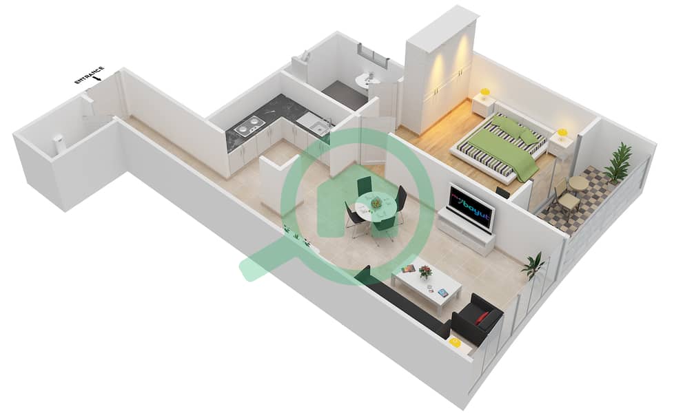 المخططات الطابقية لتصميم النموذج / الوحدة B/1,10-11,20 شقة 1 غرفة نوم - مساكن النخبة 4 interactive3D