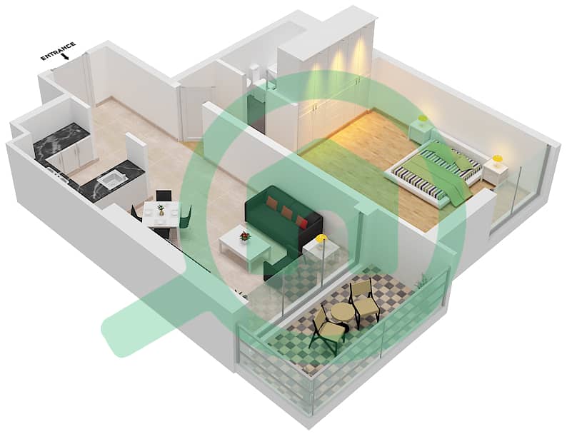 爱康城 - 1 卧室公寓单位24  FLOOR 12-35戶型图 interactive3D