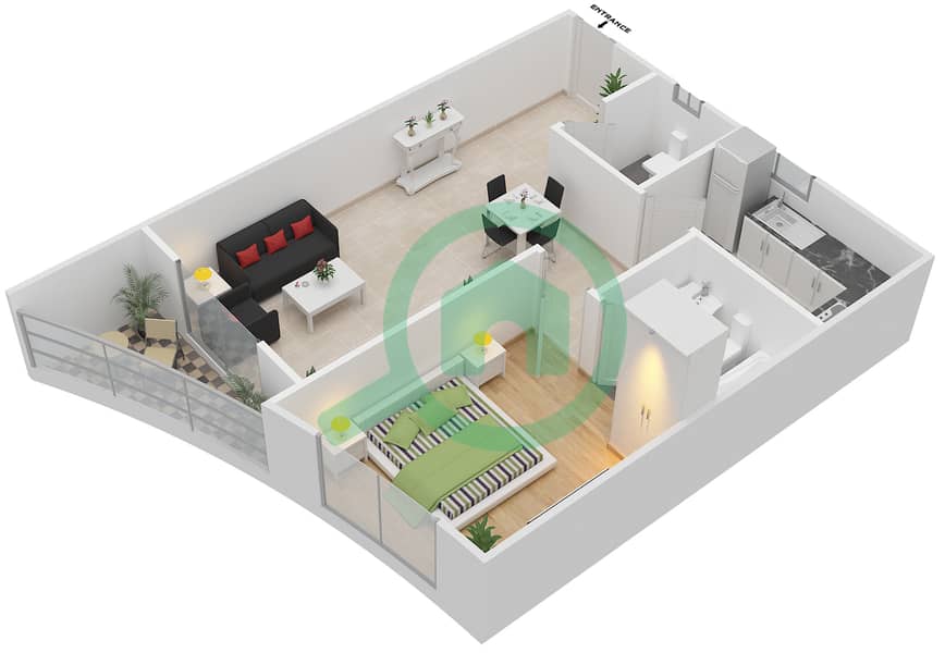 المخططات الطابقية لتصميم النموذج B1 شقة 1 غرفة نوم - مساكن جلوبال غولف  2 interactive3D