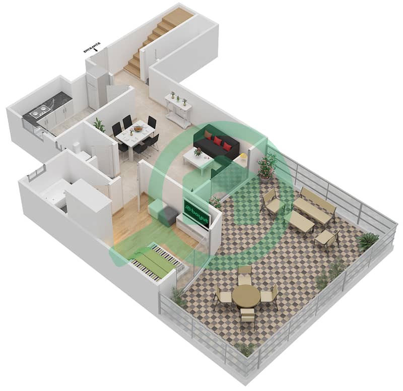 Глобал Гольф Резиденс 2 - Апартамент 3 Cпальни планировка Тип 2 DUPLEX Lower Floor interactive3D