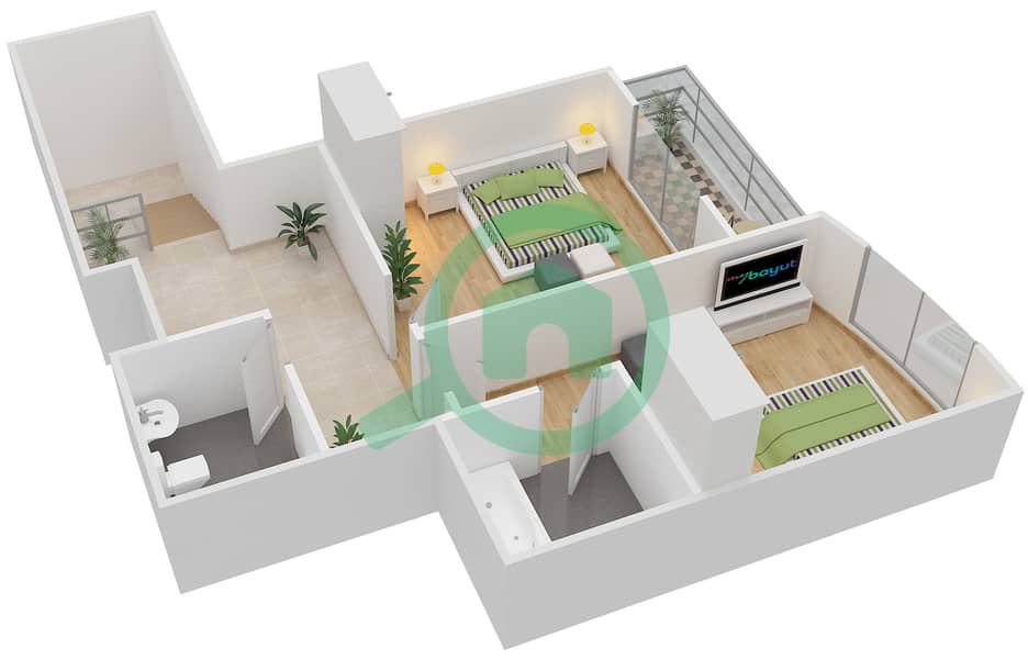 Глобал Гольф Резиденс 2 - Апартамент 3 Cпальни планировка Тип 2 DUPLEX Upper Floor interactive3D