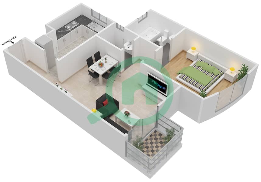 المخططات الطابقية لتصميم النموذج C2 FLOOR 5,8,11,14 شقة 1 غرفة نوم - مساكن جلوبال غولف  2 Floor 5,8,11,14 interactive3D