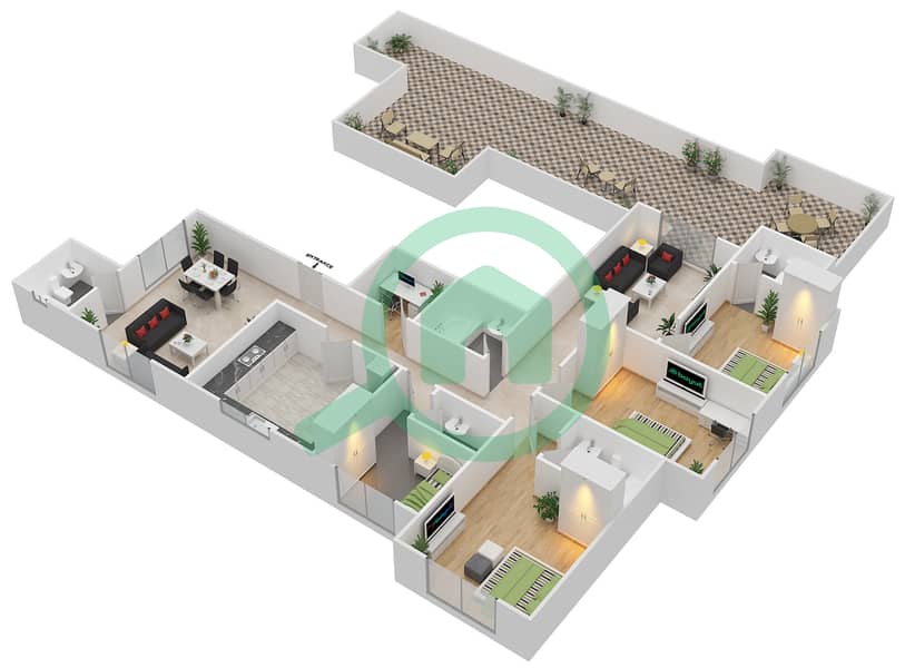 المخططات الطابقية لتصميم النموذج PH بنتهاوس 3 غرف نوم - مساكن جلوبال غولف  2 interactive3D