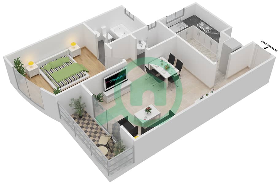 المخططات الطابقية لتصميم النموذج C شقة 1 غرفة نوم - مساكن جلوبال غولف  2 interactive3D