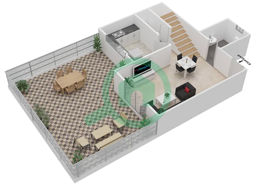Глобал Гольф Резиденс 2 - Апартамент 2 Cпальни планировка Тип 1 DUPLEX Lower Floor interactive3D