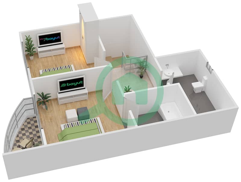Глобал Гольф Резиденс 2 - Апартамент 2 Cпальни планировка Тип 1 DUPLEX Upper Floor interactive3D