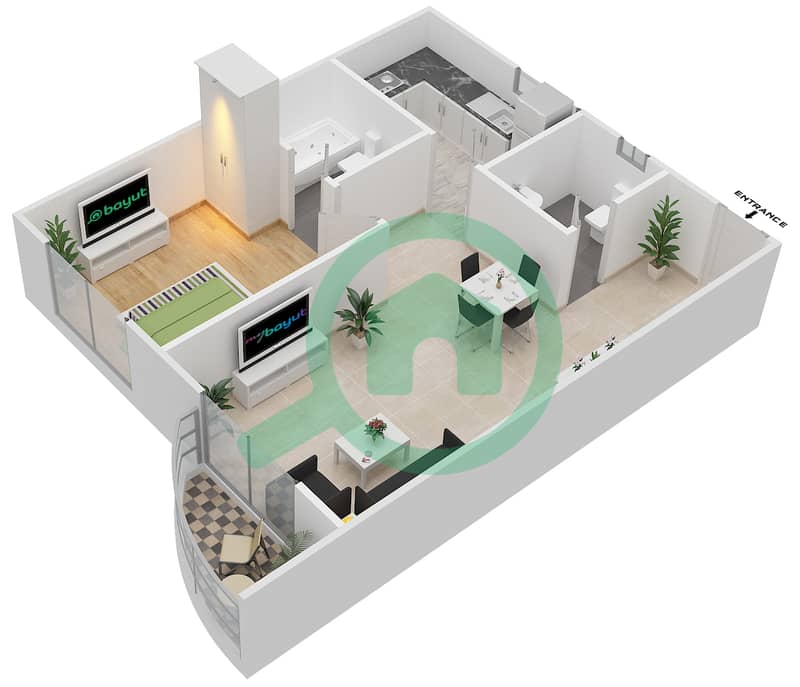 المخططات الطابقية لتصميم النموذج B شقة 1 غرفة نوم - مساكن جلوبال غولف  2 interactive3D