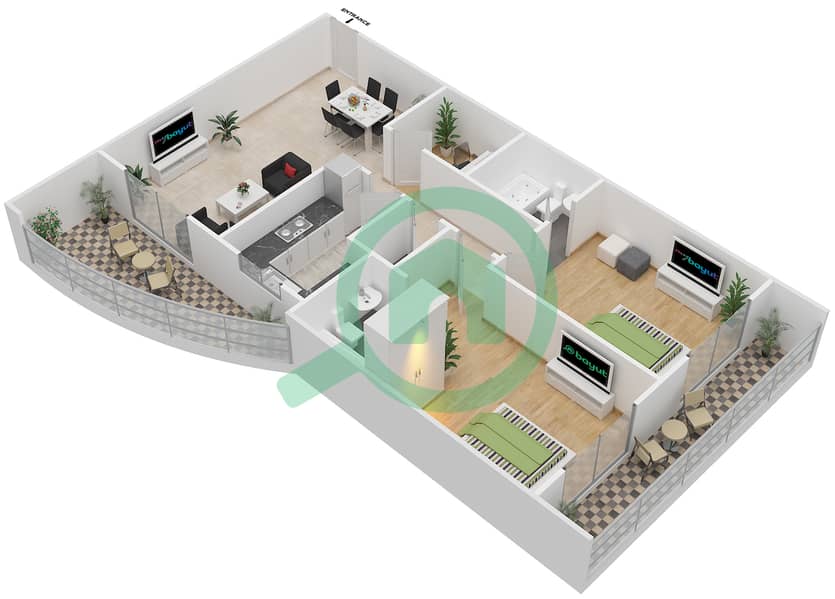 المخططات الطابقية لتصميم النموذج A FLOOR 3-22 شقة 2 غرفة نوم - مساكن جلوبال غولف  2 Floor 3-22 interactive3D