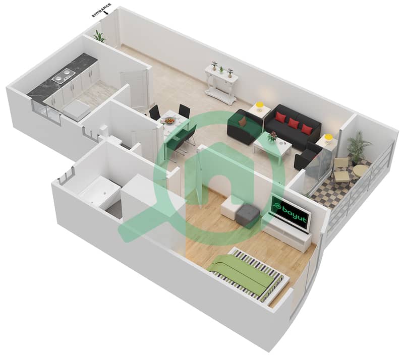 Global Golf Residence 2 - 1 Bedroom Apartment Type A FLOOR 3-22 Floor plan interactive3D