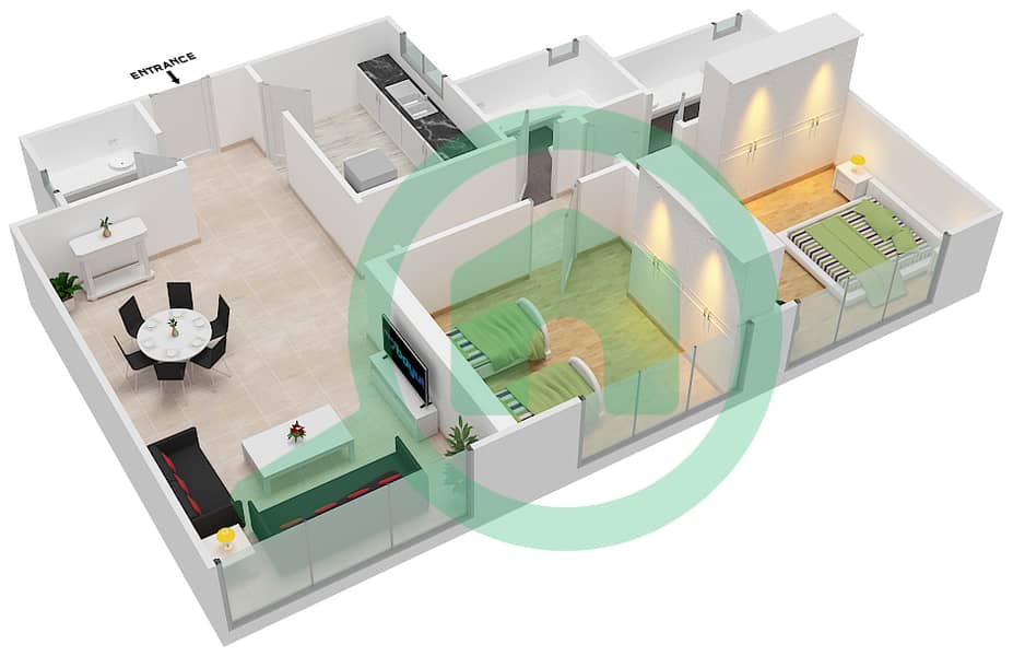 المخططات الطابقية لتصميم النموذج C شقة 2 غرفة نوم - برج صحارى 5 interactive3D