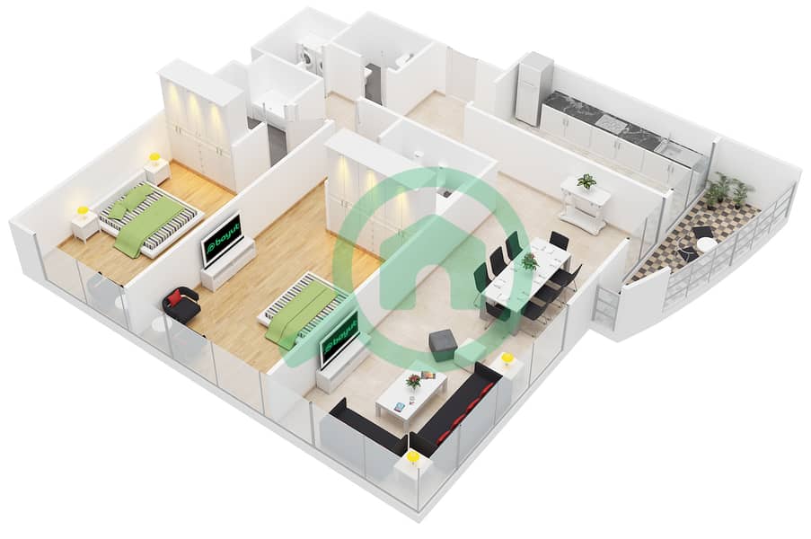 المخططات الطابقية لتصميم النموذج 2 شقة 2 غرفة نوم - برج أولمبيك بارك interactive3D