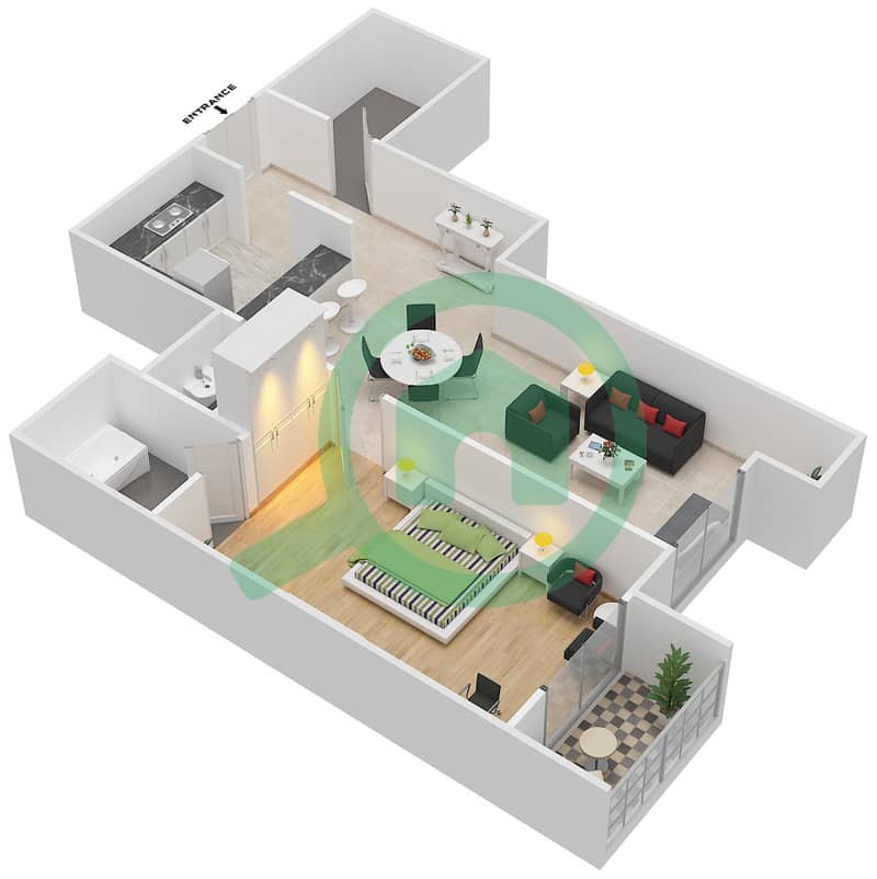 利美乐双子塔 - 1 卧室公寓类型A戶型图 interactive3D