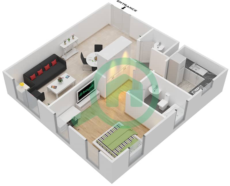 المخططات الطابقية لتصميم النموذج B شقة 1 غرفة نوم - برجي لايم لايت التوأم interactive3D