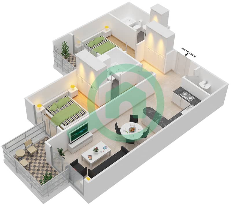 المخططات الطابقية لتصميم النموذج A شقة 2 غرفة نوم - برجي لايم لايت التوأم interactive3D