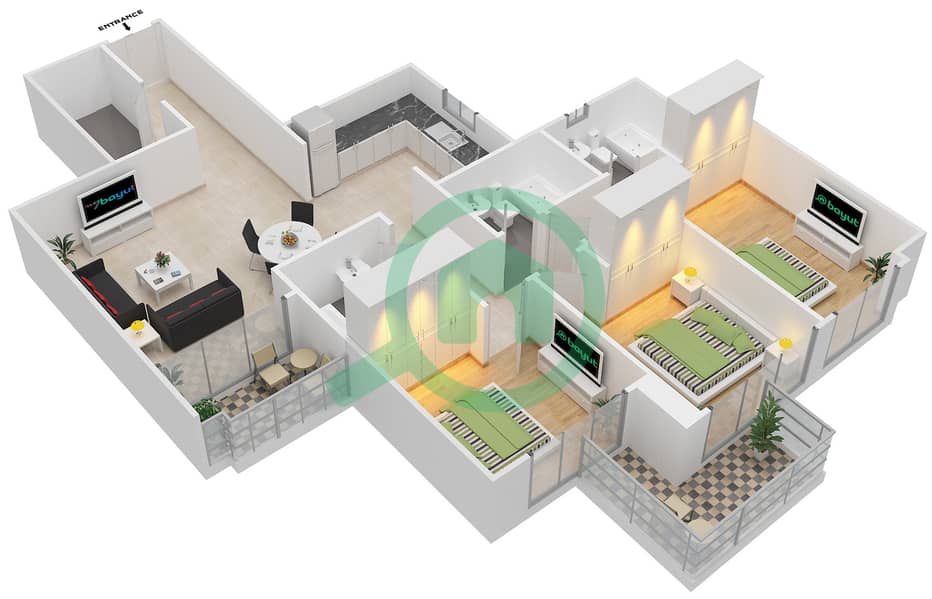المخططات الطابقية لتصميم النموذج A شقة 3 غرف نوم - برجي لايم لايت التوأم interactive3D