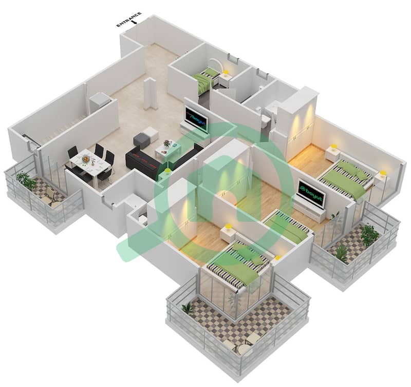 المخططات الطابقية لتصميم النموذج B شقة 3 غرف نوم - برجي لايم لايت التوأم interactive3D