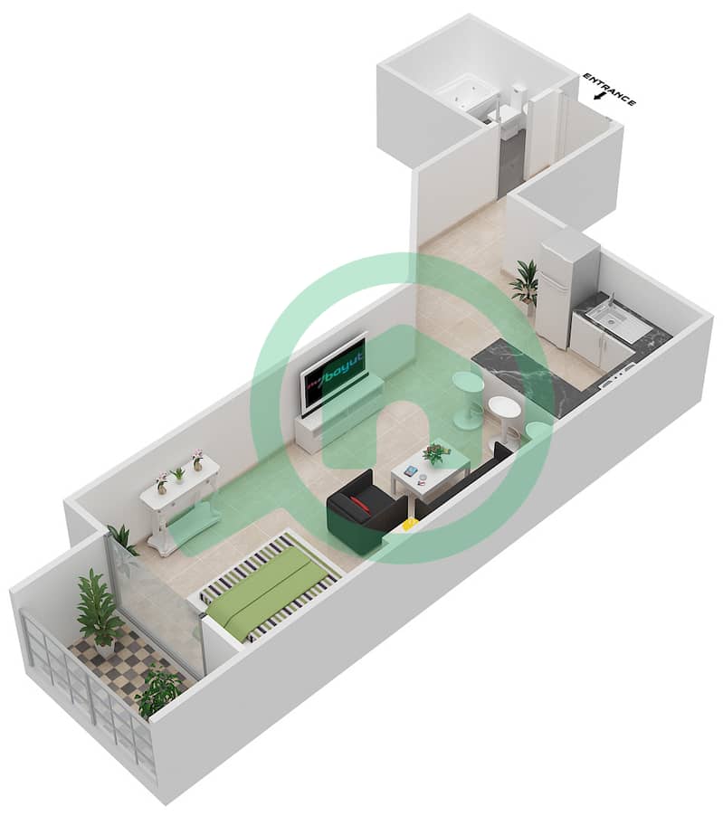 المخططات الطابقية لتصميم النموذج A شقة استوديو - برجي لايم لايت التوأم interactive3D