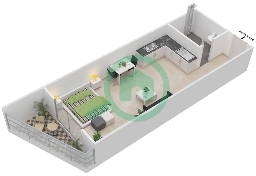 المخططات الطابقية لتصميم النموذج B1 شقة استوديو - مساكن جلوبال غولف  2 interactive3D
