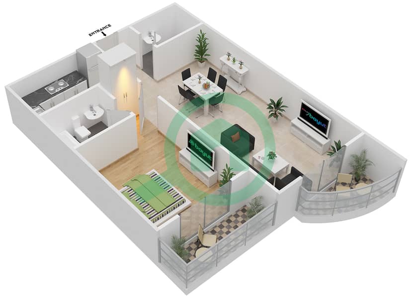 Глобал Гольф Резиденс 2 - Апартамент 1 Спальня планировка Тип D interactive3D