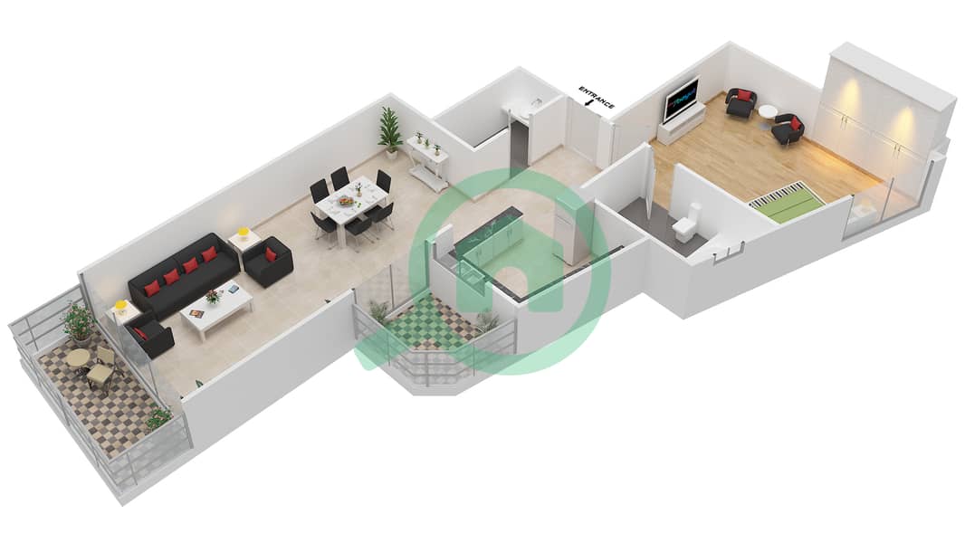 المخططات الطابقية لتصميم النموذج A شقة 1 غرفة نوم - برج الرياضة الألماني 1 interactive3D