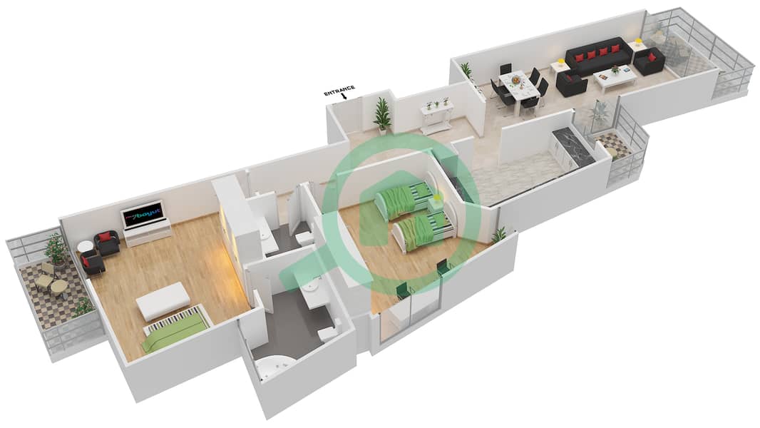 المخططات الطابقية لتصميم النموذج B شقة 2 غرفة نوم - برج الرياضة الألماني 1 interactive3D
