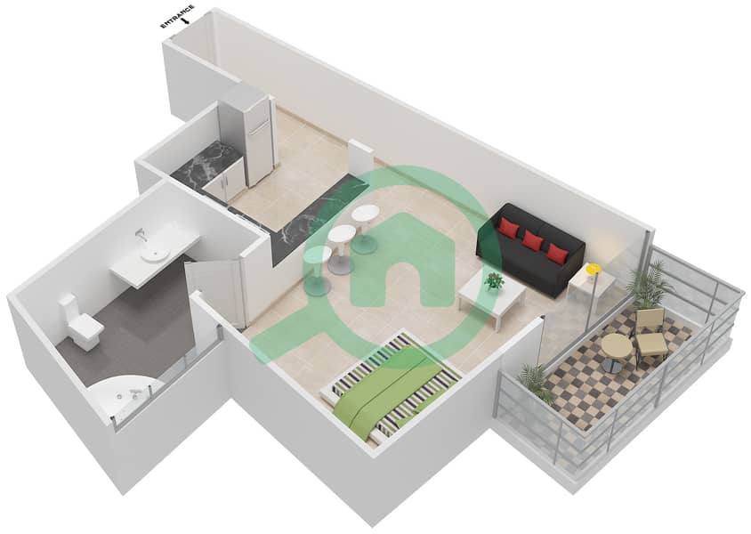المخططات الطابقية لتصميم النموذج C شقة استوديو - برج الرياضة الألماني 1 interactive3D