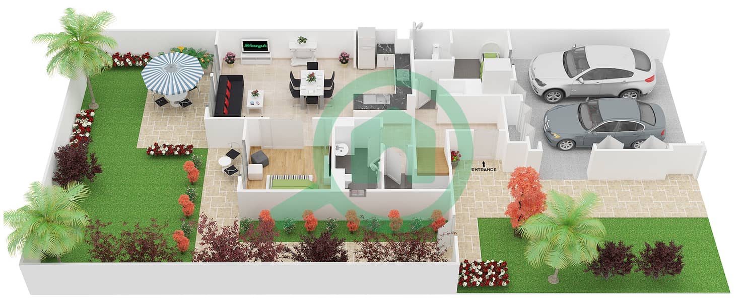 Zahra Townhouses - 3 Bedroom Townhouse Type 2 Floor plan Ground Floor interactive3D