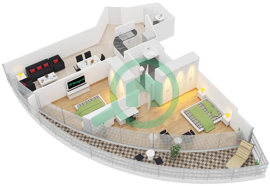 المخططات الطابقية لتصميم الوحدة 8 شقة 2 غرفة نوم - برج زينيث A2 interactive3D