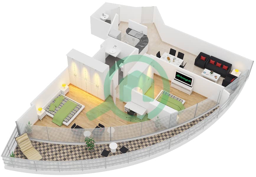 المخططات الطابقية لتصميم الوحدة 3 شقة 2 غرفة نوم - برج زينيث A2 interactive3D
