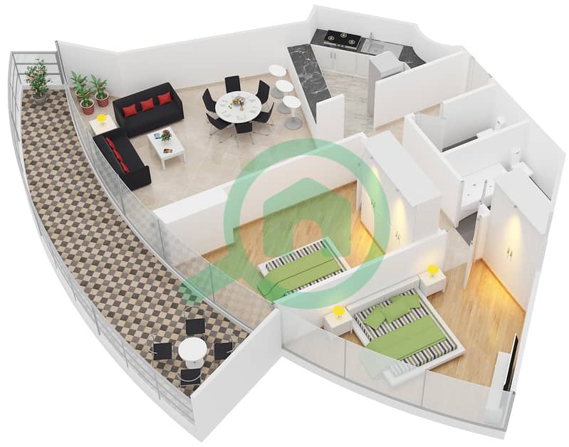 المخططات الطابقية لتصميم الوحدة 9 شقة 2 غرفة نوم - برج زينيث A2 interactive3D