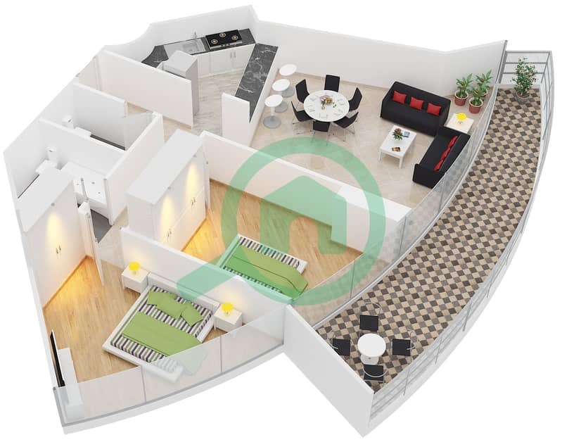 المخططات الطابقية لتصميم الوحدة 2 شقة 2 غرفة نوم - برج زينيث A2 interactive3D